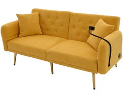 Bank 173x78x78cm Slaapbank Geel Chenille Met Metaal Poten Met Verstelbare Rugleuning Twee USB Aansluitingen Telefoonhouder Zijkast Geschikt Voor Slaapkamer Woonkamer