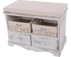Bank ladekast met 2 manden 42x62x33cm, shabby look, vintage ~ wit