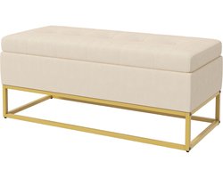 Bank Met Opbergruimte – Zitbank – Slaapkamerbank – Halbank – Fluwelen Bankje – Beige Kleur – Compact Formaat 110x47x46,5 cm – Gouden Metalen Pootjes