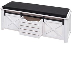 Bank met opbergvakken MCW-H53, gestoffeerde zitbank ladekast, shabby-look massief hout metaal stof 43x102x33cm ~ wit