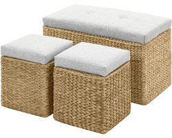 Bank met poefs - Zitbank voetenbank - Opbergen en zitten - Gevlochten zeegras - Set van 3 - Grijs
