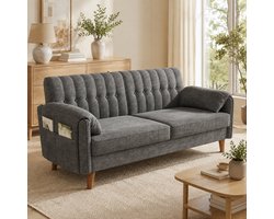 Bank - Tweezitsbank - 2-zits bank - Comfortabele zitbank - Ergonomisch - 161x79x83 cm - Met opbergtas - Met dik zitkussen - Met armleuningen - Chenillestof - Bankpoten van massief hout - Geschikt voor slaapkamers en kleine ruimtes - Lichtgrijs