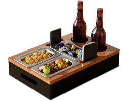 Bankbar, bankbar, snackbox, dienblad, bank, butler, dranken, snackbar, hout, bankorganizer, snacks met 3 roestvrijstalen snackschalen, flessenhouder, telefoonstandaard