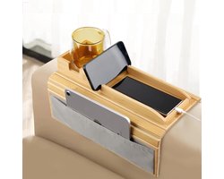 Bankbekerhouderplateau, bankarmtafel met zijzak, bankarmplateau met antislipontwerp, natuurlijke bamboe banktafels voor dranken, snacks, bekers, afstandsbedieningen en telefoons.