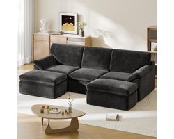 Banken - U-bank - 3-zitsbanken donkergrijs - Hoekbanken - Zetel met slaapgedeelte - Modulaire bank 240 cm breed - L-vormige bank - Vacuümverpakt - met ligvlak - Slaapbank - Geen montage nodig, met grote chaise longue - Incl. kussenset - Donkergrijs