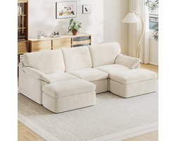 Banken - U-bank - 3-zitsbanken - Hoekbanken - Zetel met slaapgedeelte - Modulaire bank 240 cm breed - L-vormige bank - Vacuümverpakt - met ligvlak - Slaapbank - Geen montage nodig, met grote chaise longue - Incl. kussenset - Beige