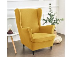 Bankhoezen - 2-Delige Uitbreidbare Housse voor Oorfauteuil, Fauteuilbedekking met T-Vormige Kussenhuis, Enkelkleurig Verdikte Jacquard Anti-rutsch Fauteuilhousse (Geel)
