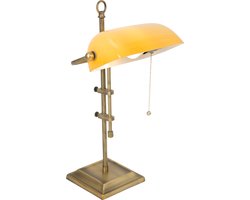Bankierslamp | geel / brons / glas | 1 lichts e27 | woonkamer / slaapkamer | retro notarislamp | bureaulamp | trekschakelaar