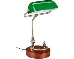 bankierslamp - versierde houten voet - E27-fitting - retro stijl - bureaulamp - groen-bruin