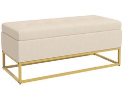 Bankje 110 x 44 x 49 cm, beige, staal, opbergbank, bankje, voeteneinde bank, schoenenwisselbank, met opbergruimte, zacht en comfortabel, geschikt voor slaapkamer, woonkamer en hal.