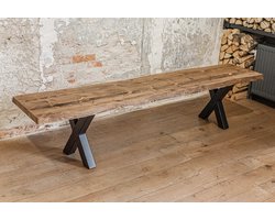 Bankje Eettafel Boomstam Hout 240x40-45 – Stalen X Bankpoten - Eetkamerbank – Keukenbank – Houten Bank