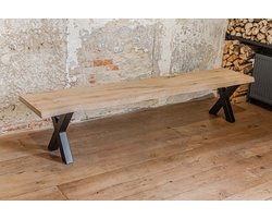 Bankje Eettafel Eiken Hout 200x40-45 – Stalen X Bankpoten - Eetkamerbank – Keukenbank – Boomstam Bank