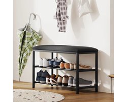 Bankje Met Opbergruimte – 81 X 31 X 50 Cm – Zwart Metaal – Zacht Zitkussen – Voor Hal, Schoenen En Een Opgeruimde Entree