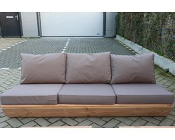 Bankje “Sauna” van Douglas hout 180cm – Taupe kussens – relax bank – Loungebank – Lage zetel - 2 persoons
