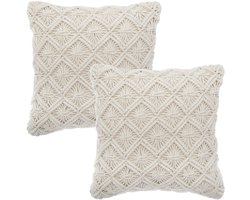 Bankkussen - Sierkussen - Macramé Kussen - Set van 2 - Zomer Kussens - voor Woonkamer & Slaapkamer - Boho Decoratief Kussenhoes - Vierkant - 40x40 cm - Beige