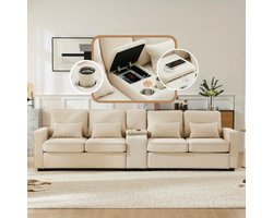 Bankstel – 4-Zitsbank – Zitbank – Hoekbank – Slaapbank – Modern Linnen – Console Met 2 Bekerhouders – Opbergruimte In Armleuning