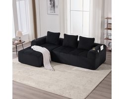 Bankstel - Compact - Modulaire Bank met Zijvak - Bekerhouder en 3 Kussens - Ribstof - Zwart