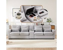 Bankstel – Hoekbank – 4-zitsbank – Slaapbank – Zitbank – Linnen Stoffering – Ingebouwde Console Met 2 Bekerhouders – Armleuning Met Opbergvakken – 4 Comfortabele Kussens – Duurzaam Gemengde Kleuren – Modern Minimalistisch Design