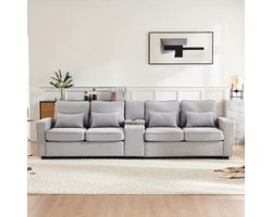 Bankstel – Zithoekbank – Hoekbank – Slaapbank – 4-zitsbank – Grijze Stof – Opbergruimte met Bekerhouders – Comfortabele Zitting
