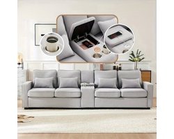 Bankstel – Zithoekbank – Hoekbank – Slaapbank – 4-zitsbank – Grijze Stof – Opbergruimte met Bekerhouders – Comfortabele Zitting