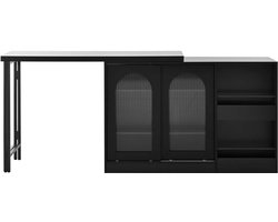 Bar tafel 121,5×40×76,7cm zwart Uitrekbare 360° draaibare tafelblad Ruimtebesparend Uitbreidbaar ontwerp Met opbergruimte en glazen kastdeur Stevig houten frame Eenvoudig te monteren en schoon te maken Geschikt voor keuken en woonkamer