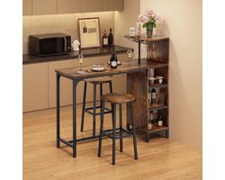 Bar voor thuis met 2 krukken, industriële bartafel met glazenhouder en 6 flessenhouders, barkast met zijdelingse planken, ruimtebesparende bartafel van MDF en metaal, 120 x 40 x 120 cm