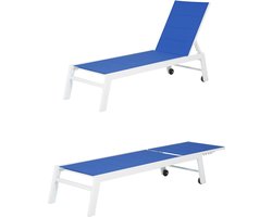 BARBADOS ligstoel en bijzettafel set in blauw textilene - wit aluminium
