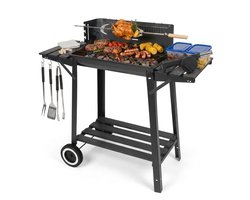Barbecue Houtskool met Draaispit - Smoker BBQ met Warmhoudrek - Verstelbaar Kolenrooster - 49x29 cm Grilloppervlak - Zijplanken - Zwart