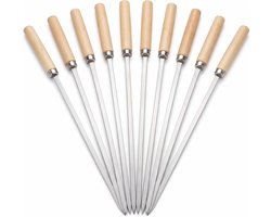 Barbecue Spiezen - 10 stuks - Houten Handvat - Luxe RVS Vleespennen 33.5cm - Plat - Kebab / Marshmallow Spiezen - BBQ Accesoires - Platte bbq Spiezen - IXEN