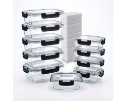 BARDI 10 Delige Glazen Meal Prep Bakjes + 10 Wonderspons – Glazen Vershoudbakjes – Luchtdicht – BPA-vrij – 1060ML + 370ML – Zwarte Clips