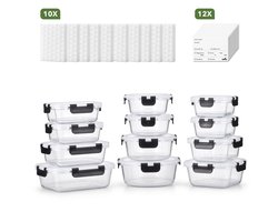 Bardi 12-Delige Glazen Vershoudbakjes – Meal Prep Bakjes Glas met Deksel – BPA & PFAS Vrij – Luchtdicht – Incl. 40 Bardi Prep & Store Labels + 10 Wonderspons – 6,79L