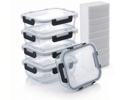 BARDI 5 Delige Glazen Meal Prep Bakjes Inclusief 10 Stuks Wonderspons - Glazen Vershoudbakjes - Glazen Opbergbakken - Diepvriesbakken - Luchtdicht - BPA Vrij - 1060ML - Glas - Zwarte Clips
