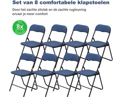 BARDI Set van 8 - Klapstoel - Vouwstoel - Opvouwbare Stoel - Comfortabel & Lichtgewicht - 100kg draagkracht - 43 x 38 x 87 cm - PVC - Eettafelstoel - BLAUW