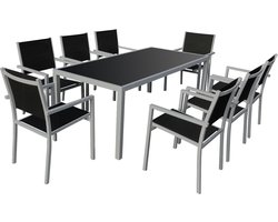 BARI zwart textilene tuinset, 8 zitplaatsen - grijs aluminium