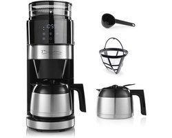 Barista-filterkoffiezetapparaat met instelbare molen (Pro Design) | Warmhoudfunctie, 24-uurs timer & permanentfilter | Voor 10 kopjes koffie | Koffiezetapparaat voor bonen en gemalen koffie [roestvrij staal]