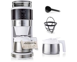 Barista-filterkoffiezetapparaat met instelbare molen (Pro Design) | Warmhoudfunctie, 24-uurs timer & permanentfilter | Voor 10 kopjes koffie | Koffiezetapparaat voor bonen en gemalen koffie [Wit]