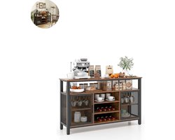 Barkast - Wijnrek - Keukentrolley - Wijnkast - Drankkast - 140 x 40 x 82,5 cm - Wijnfleshouder - Wijnglazenhouder - Rustiek bruin + Zwart