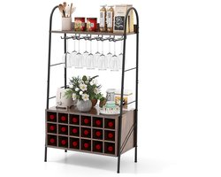 Barkast - Wijnrek - Keukentrolley - Wijnkast - Drankkast - 32 x 63 x 114,5 cm - Wijnfleshouder - Wijnglazenhouder - Rustiek bruin