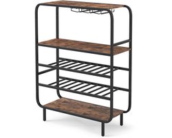 Barkast - Wijnrek - Keukentrolley - Wijnkast - Drankkast - 91 x 35 x 117 cm - Wijnfleshouder - Wijnglazenhouder - Zwart + Rustiek Bruin