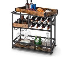 Barkast - Wijnrek - Keukentrolley - Wijnkast - Serveerwagen - 80 x 40 x 83 cm - Wijnfleshouder - Wijnglazenhouder - Donkerbruin