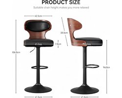 Barkruk 1-delige set House&Garden – Luxe 360° Draaibare Barstoel met Rugleuning, Voetensteun en Armleuningen – PU-Leren Zitting & Zwart Notenhout – Bistrokruk voor Keuken, Bar en Eetkamer FU01024BL