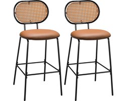 Barkruk, 2-delige set, barstoel met rugleuning van imitatie rotan, keukenstoelen, hoogte 75 cm, met metalen frame en voetensteun, barkruk voor bistro, thuis, restaurant