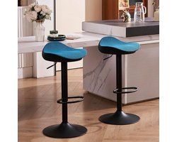 Barkruk, 2-delige set, zwart, in hoogte verstelbaar, draaibaar, keukenkruk, barkruk met blauwgroen fluwelen zitting en metalen frame, hoge barstoelen voor bar, keuken en thuis