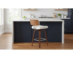 Barkruk 67 cm – House&Garden Premium 360° Draaibare Houten Barkruk met Rugleuning & 7 cm Kunstleren Zitting – Massief Hout – Wit – Voor Keukeneiland & Bar