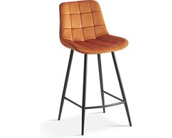 Barkruk Alice Oranje - Fluweel - Set van 2 - Geschikt voor kookeiland - Met rugleuning - Zithoogte 65 cm - Zitdiepte 36 cm