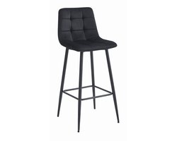 Barkruk ARCETO - Zwart Velvet, Zwarte Metalen Poten, 76 cm Zithoogte, Rugleuning, Ergonomisch Ontwerp, Max. 120 kg