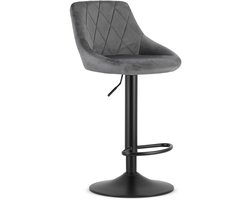 Barkruk AREX - Velvet Grijs, Mat Zwarte Basis, Rugleuning, Modern Design, Hoogte Verstelbaar, 360° Draaibaar, Max. 120 kg