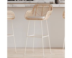 Barkruk Bali - 51x47x92.5cm - Met Zitkussen - Rotan/wit - CBA - Barstoel - Wit; Bruin - Rotan; Metaal - Set Van 2