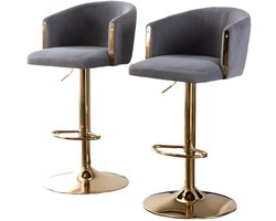 Barkruk – Barkrukje – Barstoel – Stoel – Fluwelen Bekleding – Verstelbare Hoogte – Metalen Basis - Set van 2 - Grijs