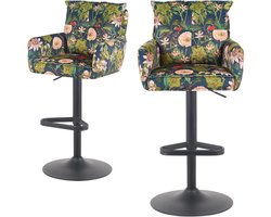 Barkruk – Barstoel – Kruk – Keukenkruk – Barkruk Met Armleuning – Botanische Print – In Hoogte Verstelbaar 69-89 cm – Matzwarte Stalen Schotelvoet Met Driehoekige Voetensteun